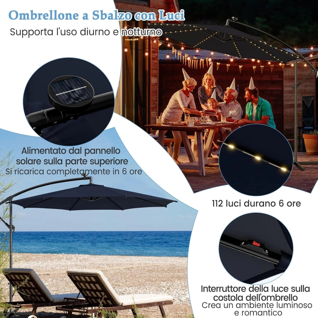 Ombrellone da Giardino ∅303 cm Decentrato, con 112 Luci LED ad Energia Solare, con Manovella, Inclinazione Regolabile, 8 Stecche, Ombrellone da Esterno per Giardino Piscina Cortile (Marino)