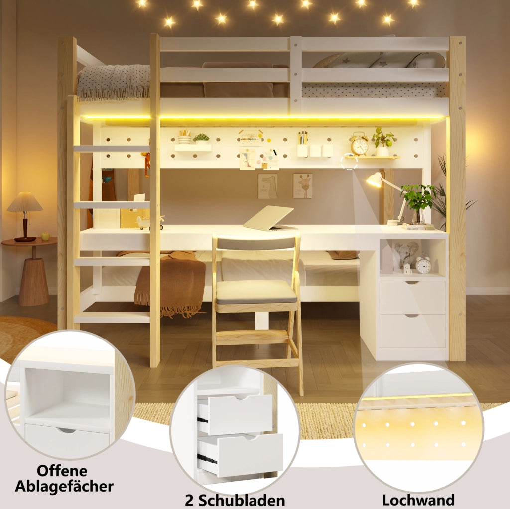 Letto a castello 140x200 e 90x200 in pino con scrivania LED