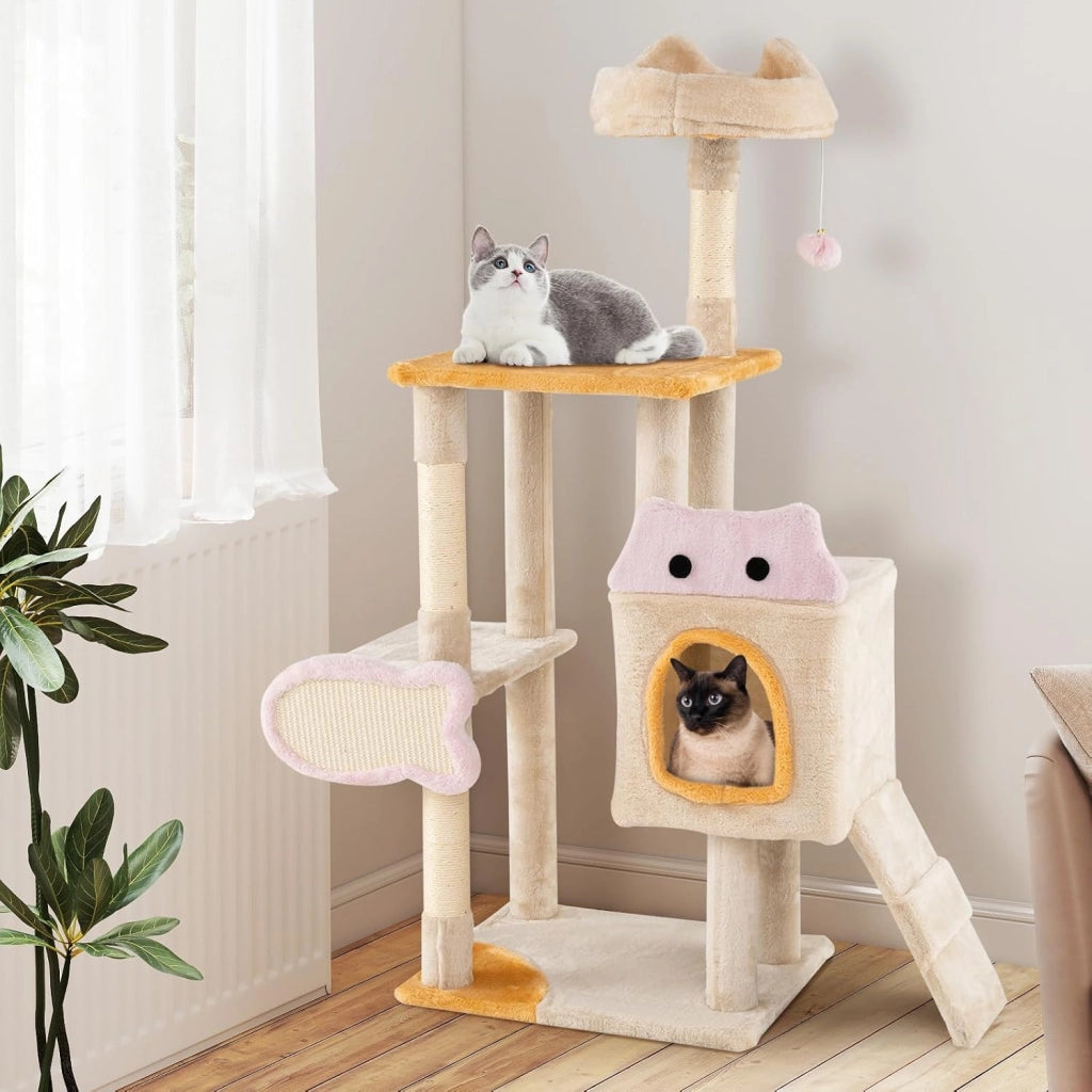 Albero per Gatti da Interno Alto 125 cm, Tiragraffi per Gatti a Più Livelli con Cuscino, Rifugio, Tiragraffi in Sisal a Forma di Pesce, Rampa, Pallina Pendente e Piattaforme