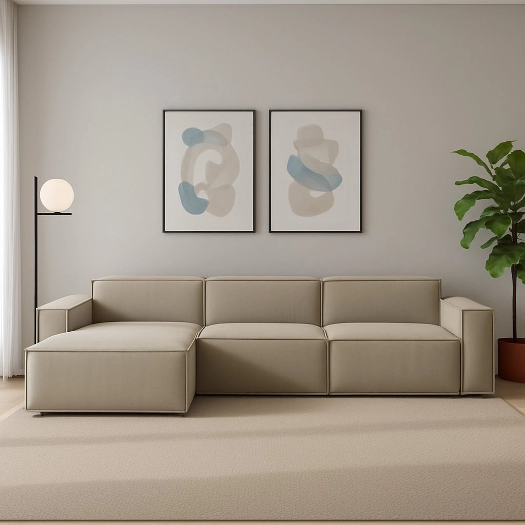 Divano fisso Atrillo, Divano componibile a 4 posti con penisola sinistra, Made in Italy, SofÒ  moderno in tessuto, Cm 340x170h70, Tortora