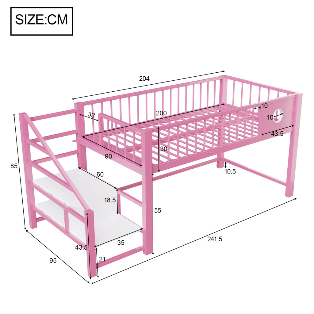 Letto a castello basso per bambini 90x200 cm in metallo con scala contenitore, Rosa