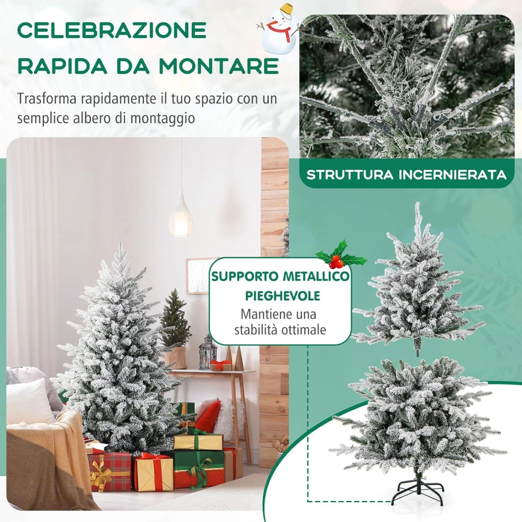 Albero di Natale Artificiale Innevato 135/186/218 CM, Albero di Natale con Cerniera e 8 Modalità luminose, 160/260/350 Luci LED Multicolori e 436/820 /1164 Punte di Ramo in PVC e PE (135 CM)