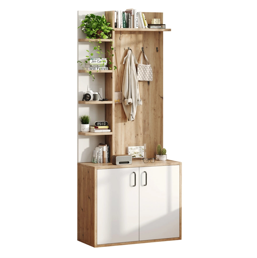 Mobile ingresso salvaspazio 75x33x180 cm in truciolare; colore legno naturale e bianco