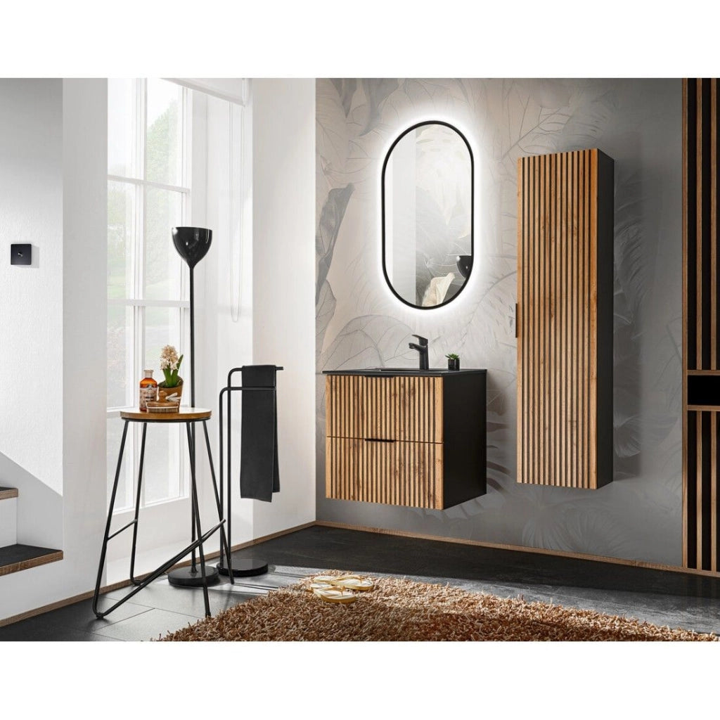 Set da bagno KINOKO: mobiletto sottolavabo con cassetti 60cm + lavabo incasso nero + sifone