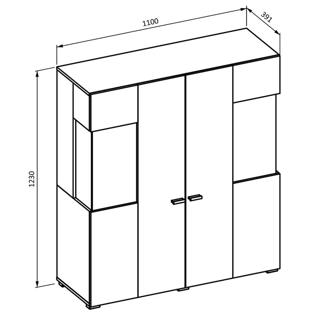 Credenza alta collezione KOBEE con 2 porte in vetro e LED integrato. Colore bianco e rovere.