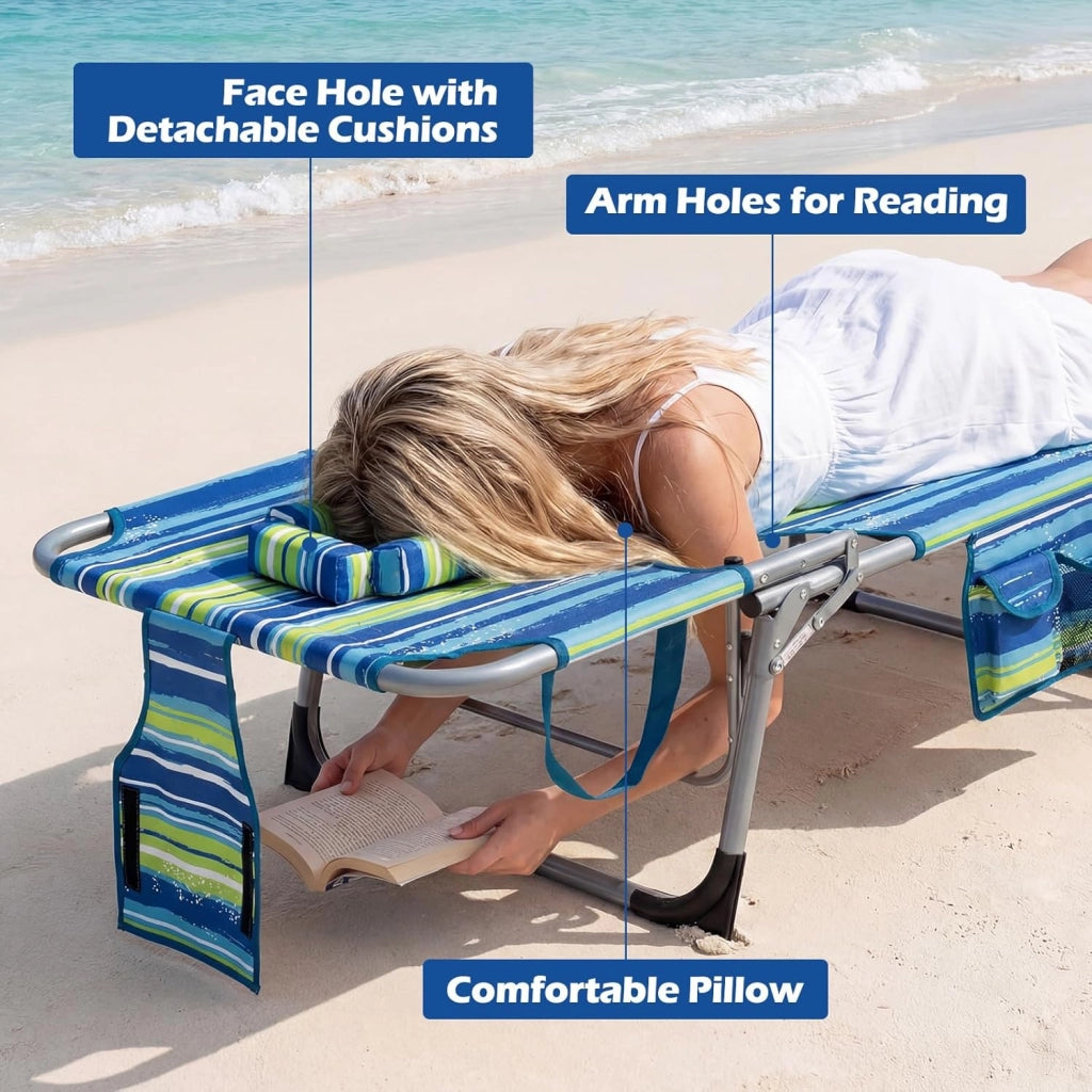 Sole pieghevole, schienale regolabile in 4 posizioni, sedia reclinabile da spiaggia, poggiatesta rimovibile e fori per il viso e il braccio, lettino per piscina, 169-193 x 60 x 35-80 cm