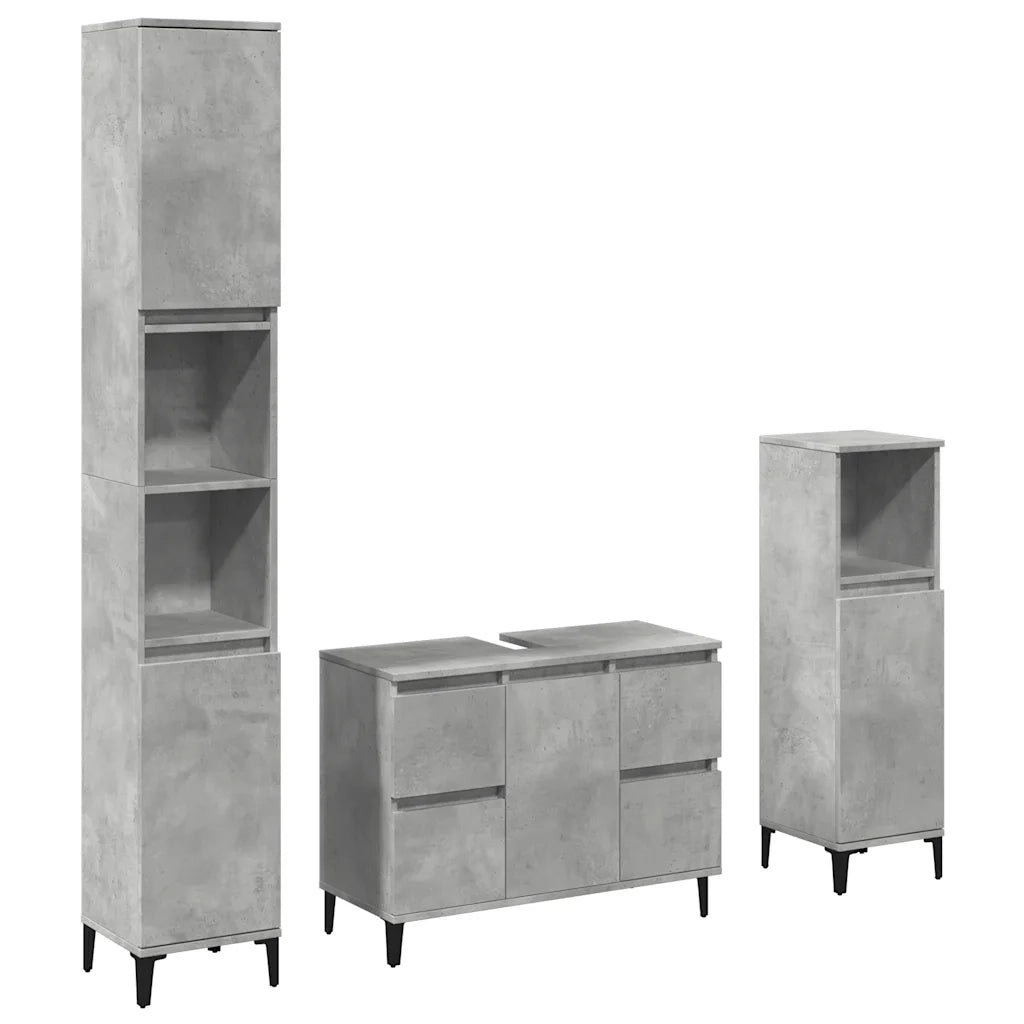 Set Mobili da Bagno | Armadio da bagno 3 pz Grigio Cemento in Legno Multistrato