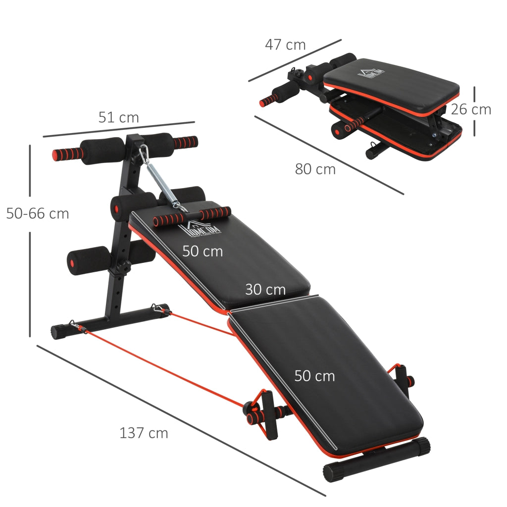 Panca per Addominali Pieghevole e Regolabile con Vogatore e 2 Corde, in Acciaio 51x137x50-66 cm, Nera e Rossa