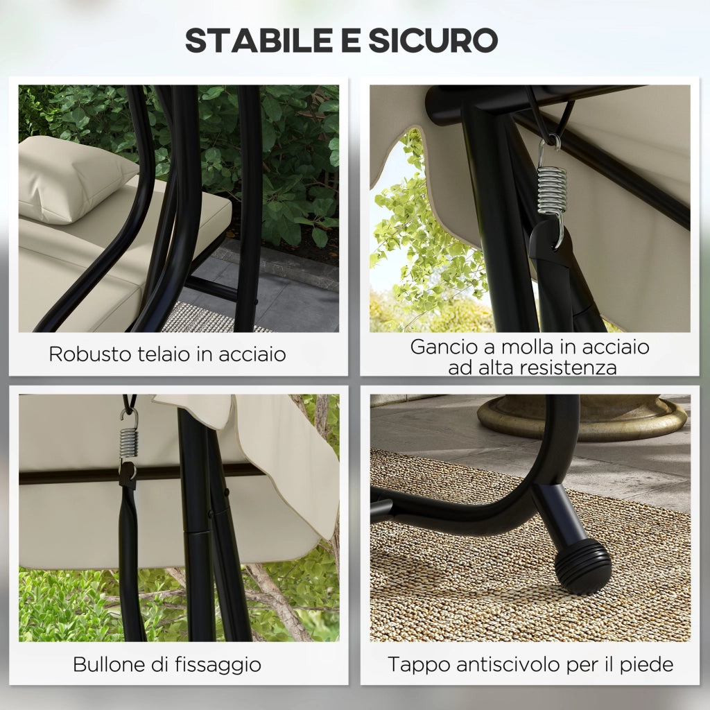 Dondolo Letto da Giardino con Tettuccio Regolabile e Vassoi, in Acciaio e Teslin, 200x120x164 cm, Crema
