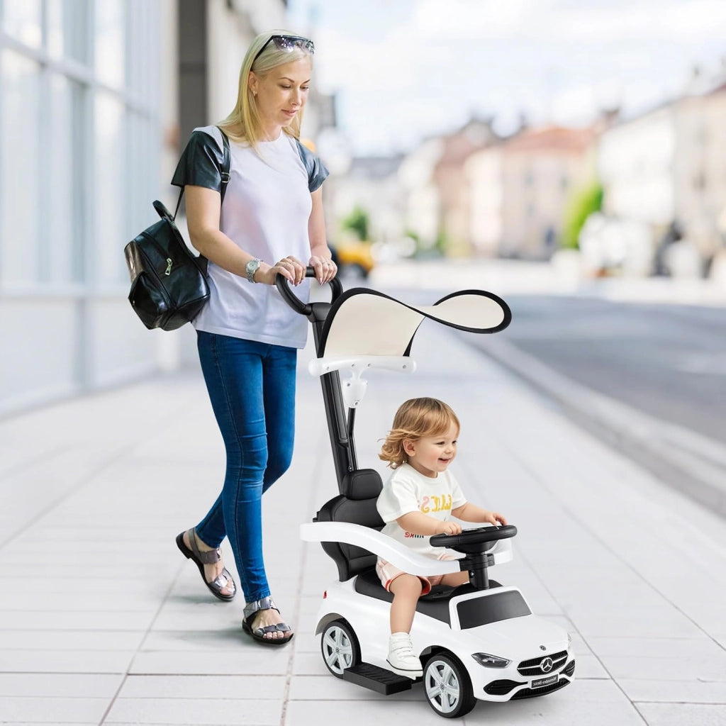 Macchina Cavalcabile per Bambini con Licenza Mercedes-Benz 3 in 1, Capote Regolabile, Guida Realistica con Volante e Clacson, Capacità di Carico 25 KG, per Bambine e Bambini 1-3 Anni (Bianco)
