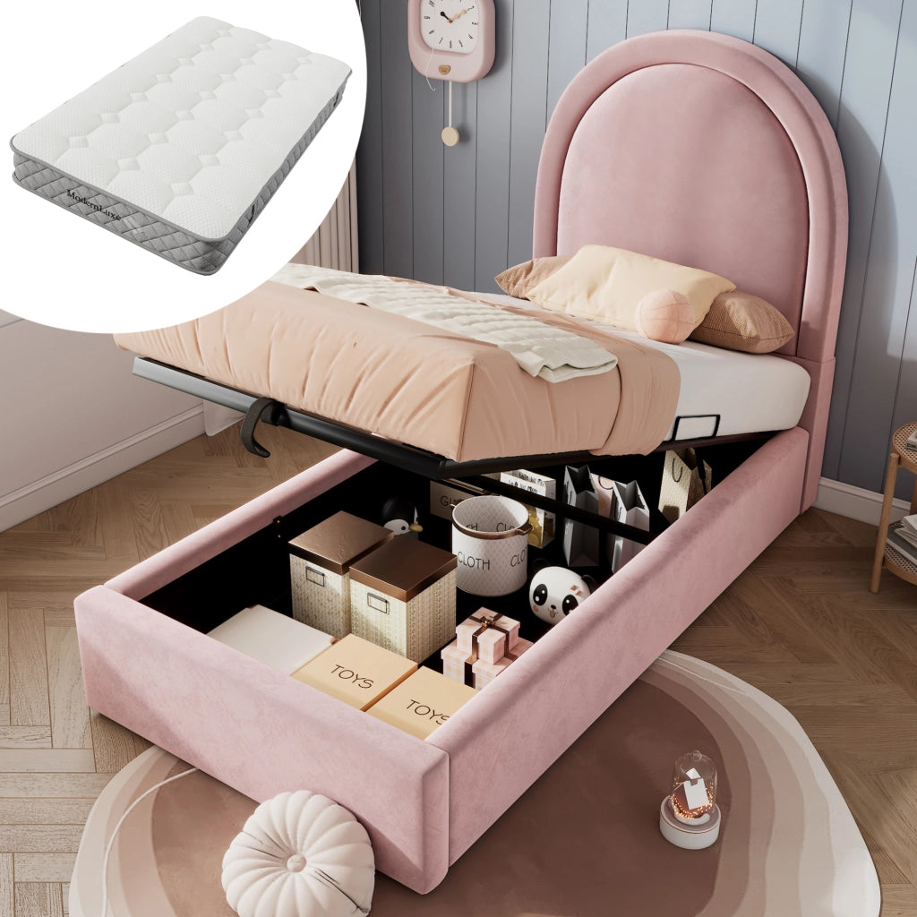 Letto imbottito 90x200 cm in velluto rosa con contenitore; rete a doghe e materasso