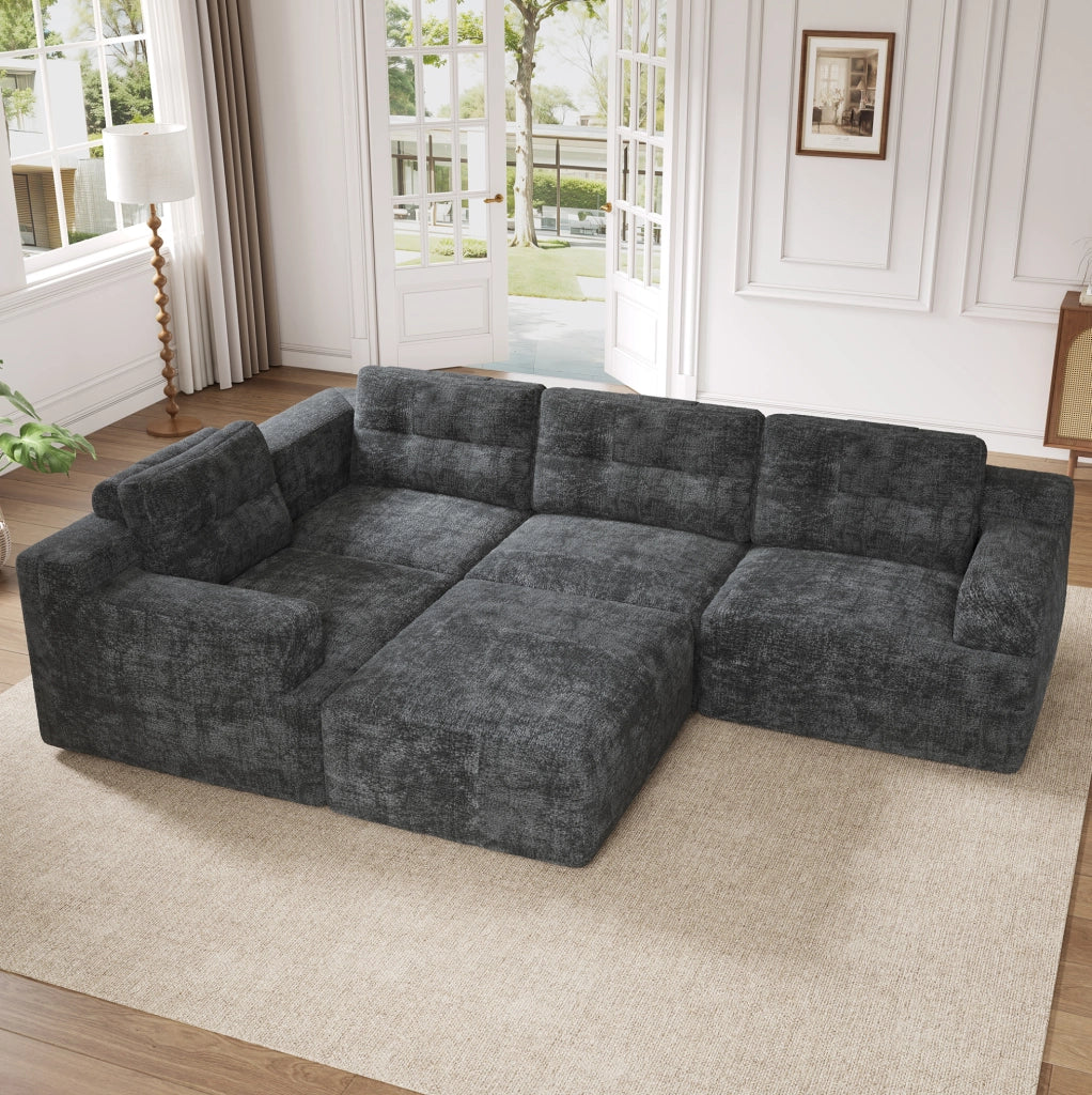 Divano modulare a U con pouf; 252 x 180 x 82 cm; chenille grigio