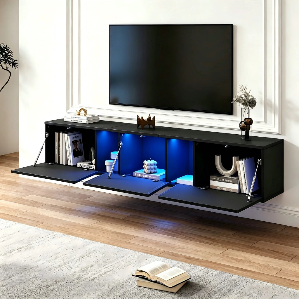 Mobile TV sospeso da parete 180 x 35 x 30 cm, nero lucido, con luci LED controllate da APP, 3 ante abbattibili, per TV fino a 75 pollici