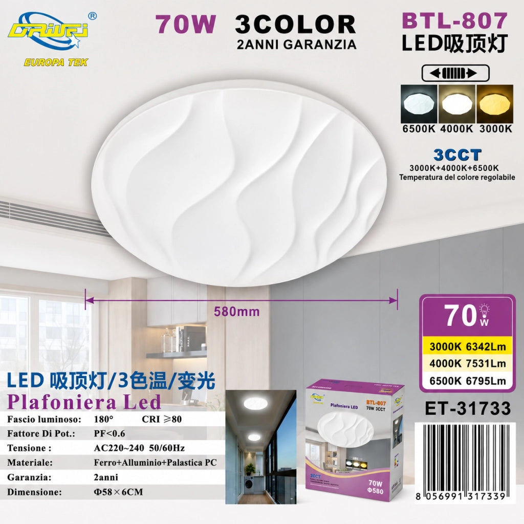 PLAFONIERA LED 70W 3CCT 58CM LAMPADA SOFFITTO LUCE 3000K 4000K 6500K ET-31733