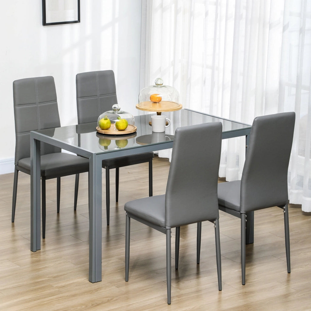 Set da Pranzo Tavolo e 4 Sedie in Similpelle Top in Vetro Temperato Grigio