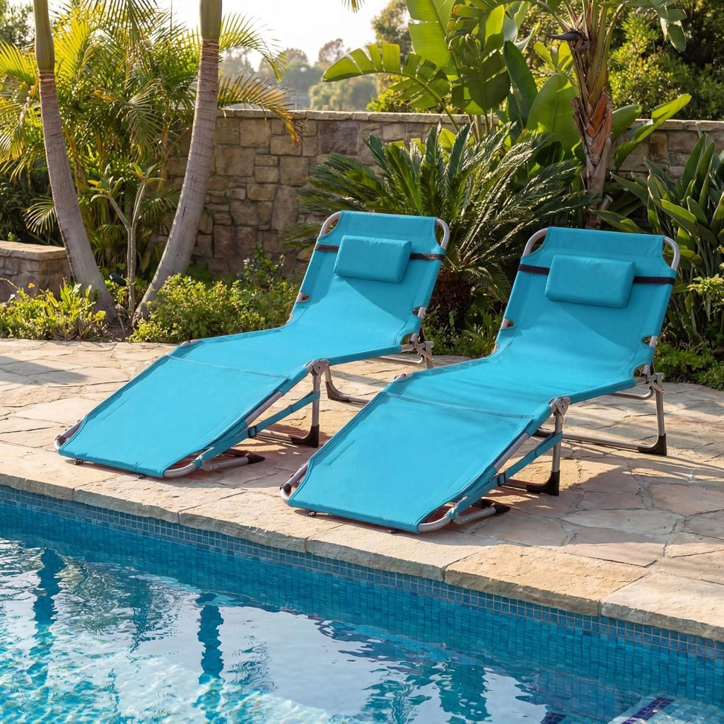 Lettino Prendisole Pieghevole Portatile, Lettino da Spiaggia con Fori per Viso e Braccia, Cuscino Poggiatesta e Tasca, Schienale Regolabile, per Mare e Piscina, Portata 180 kg (Turchese)