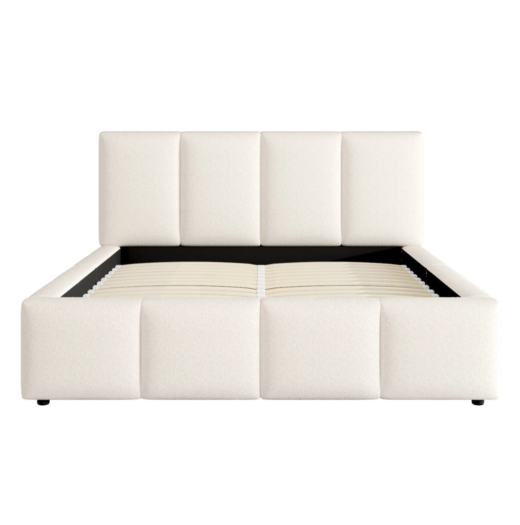Letto imbottito 180x200 cm con rete e testiera imbottita in bouclé beige