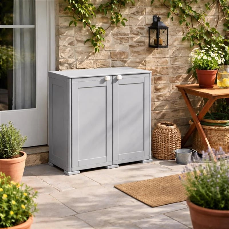 ARMADIO 2 ANTE GRIGIO 79X43X85,5 CM CON 3 RIPIANI – MOBILE COMPATTO ORGANIZZAZIONE CASA PER INGRESSO E LAVANDERIA