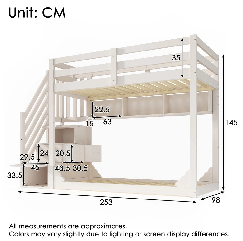 Letto a castello per bambini 90x200 cm bianco con scala contenitore e ripiani integrati