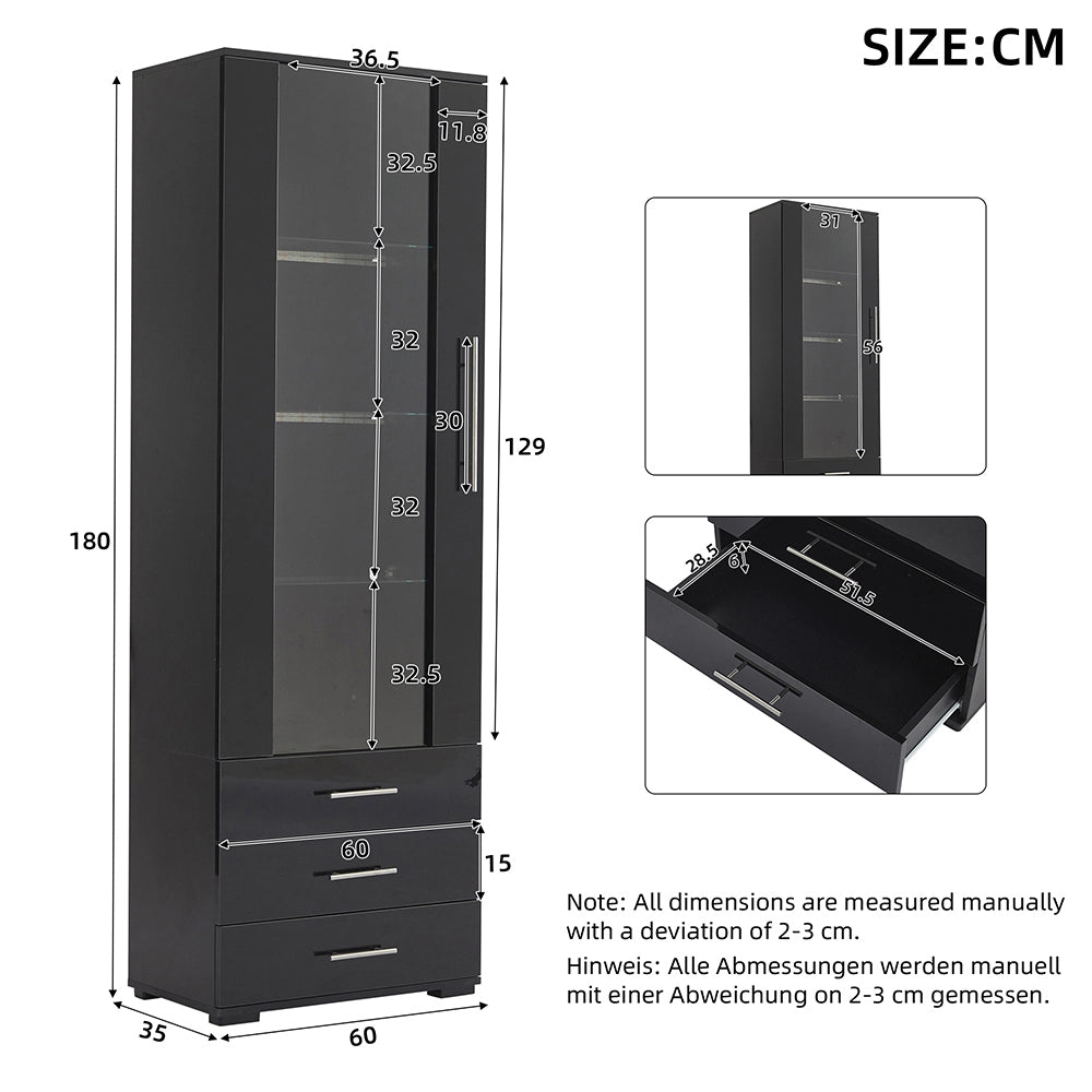 Vetrina verticale in vetro - Xylo - 60*35*180 cm - Nero brillante - LED, 3 cassetti