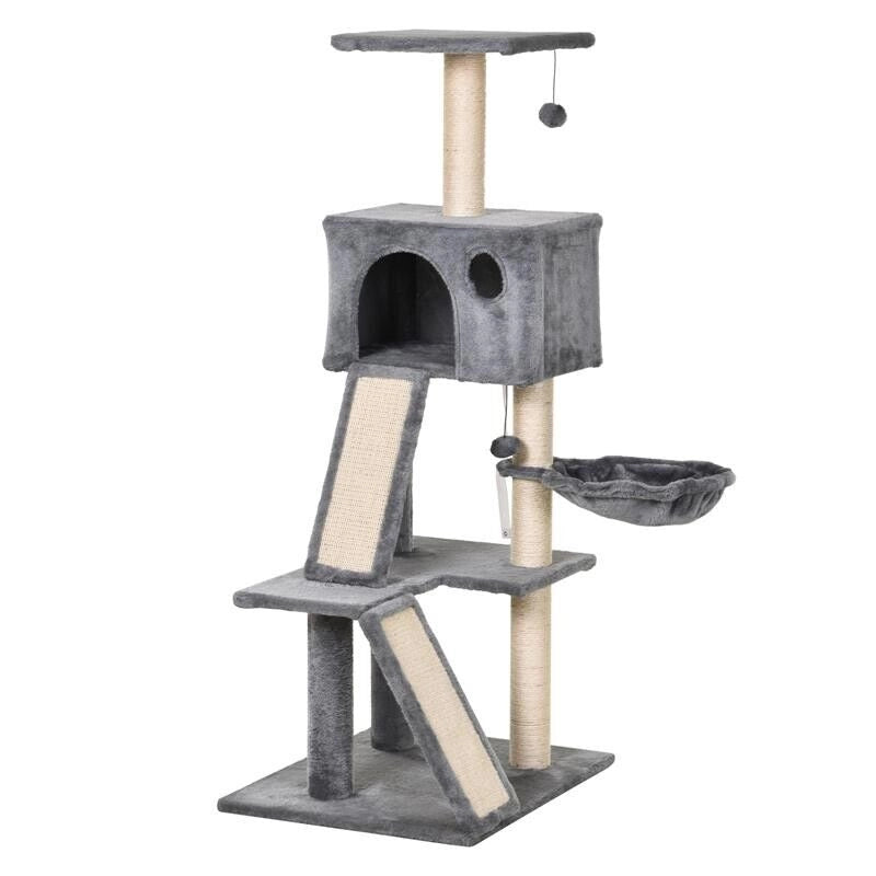 ALBERO TIRAGRAFFI ACCESSORIATO CON CUCCIA LETTINO SOSPESO E 2 PEDANE IN PELUCHE GRIGIO
