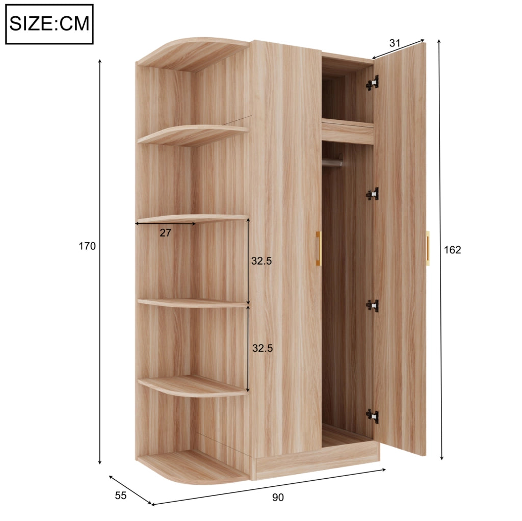 Armadio 2 ante 90x55x170 cm con ripiani e cassetti in MDF; metallo e compensato