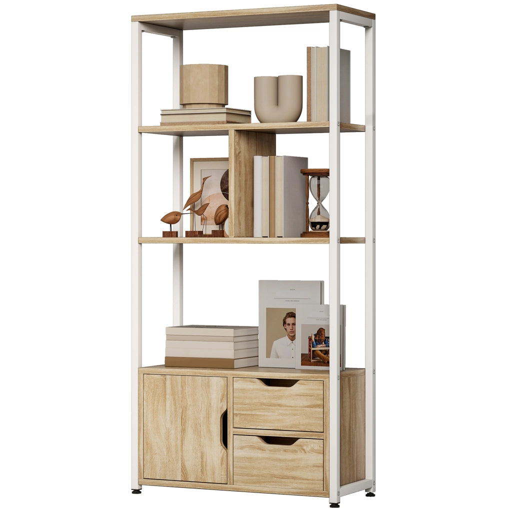 Libreria Scaffale per Libri con Ripiani e Ante ¨C Zephmum ¨C 58x24x122 cm Bianco Legno Naturale Stile Industriale