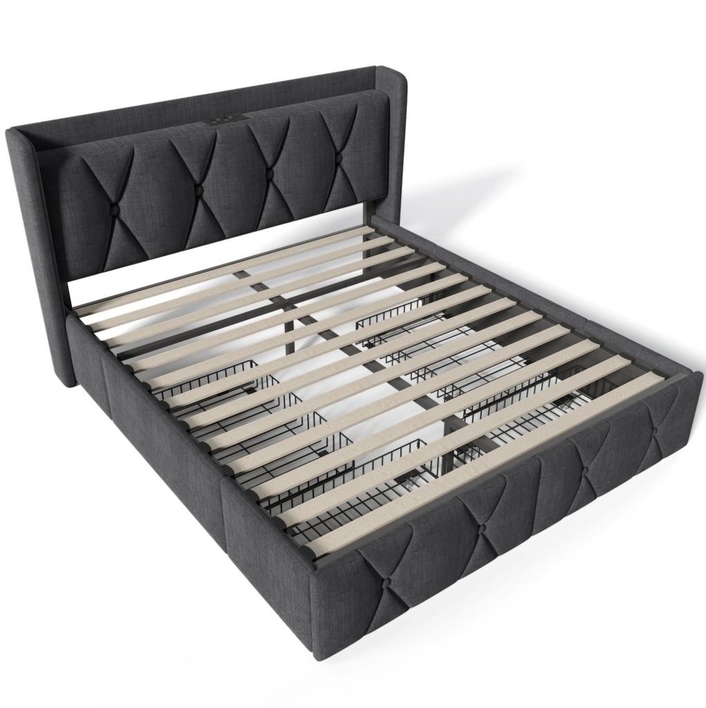 Letto contenitore 160x200 cm con USB; 4 cassetti; lino grigio