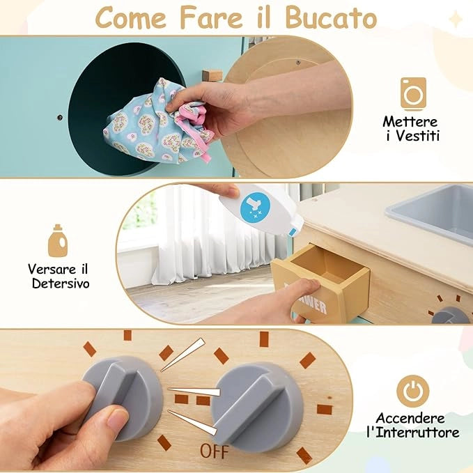 Set di Gioco Lavatrice per Bambini, Giocattolo Lavatrice con Detersivo e Igienizzante per le Mani, Set in Legno con Lavabo, Cassetto e Ruota Rotante, Regalo per Bambini dai 3+ Anni