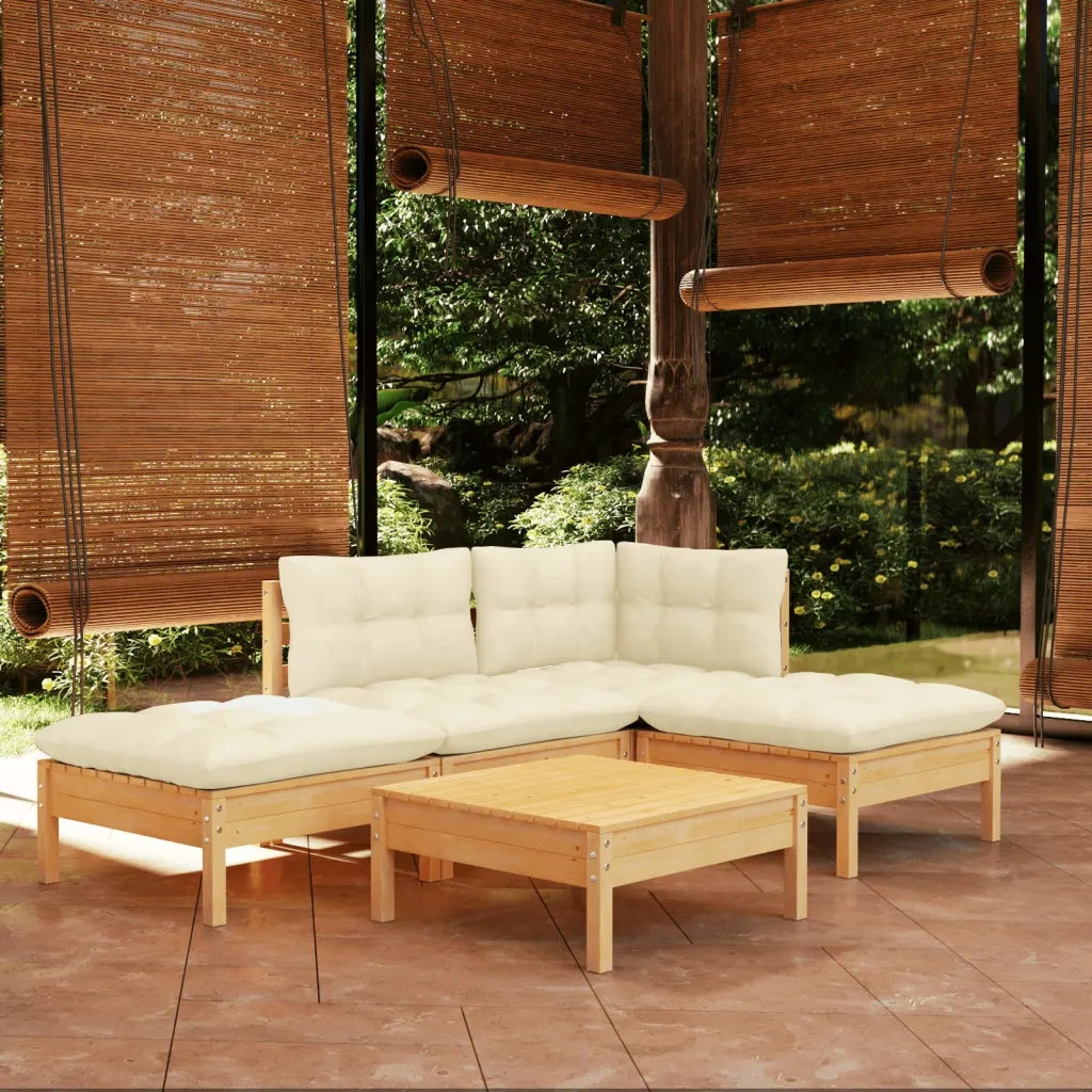 Set Salotto da Giardino 5pz | Set di Mobili da Esterno con Cuscini Crema in Legno di Pino