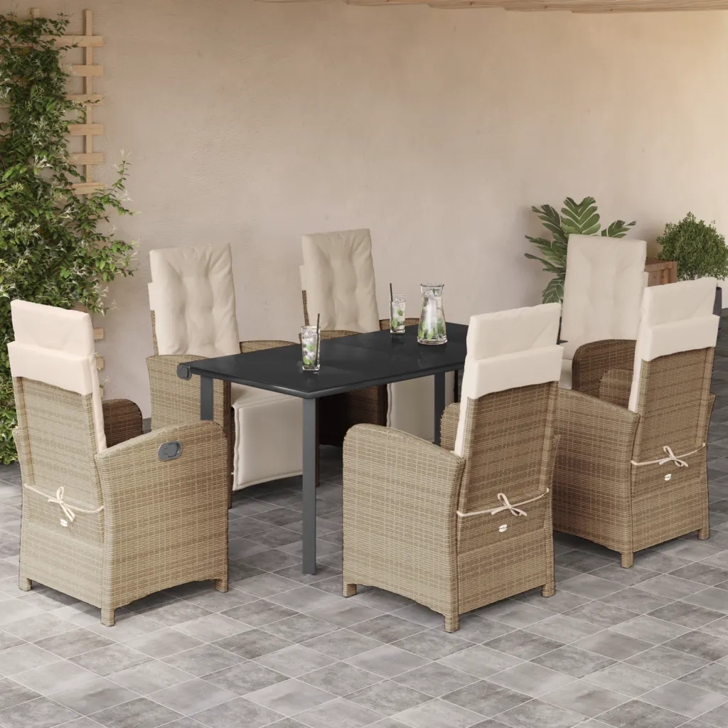 Set da Pranzo da Giardino 7 pz con Cuscini Beige in Polyrattan