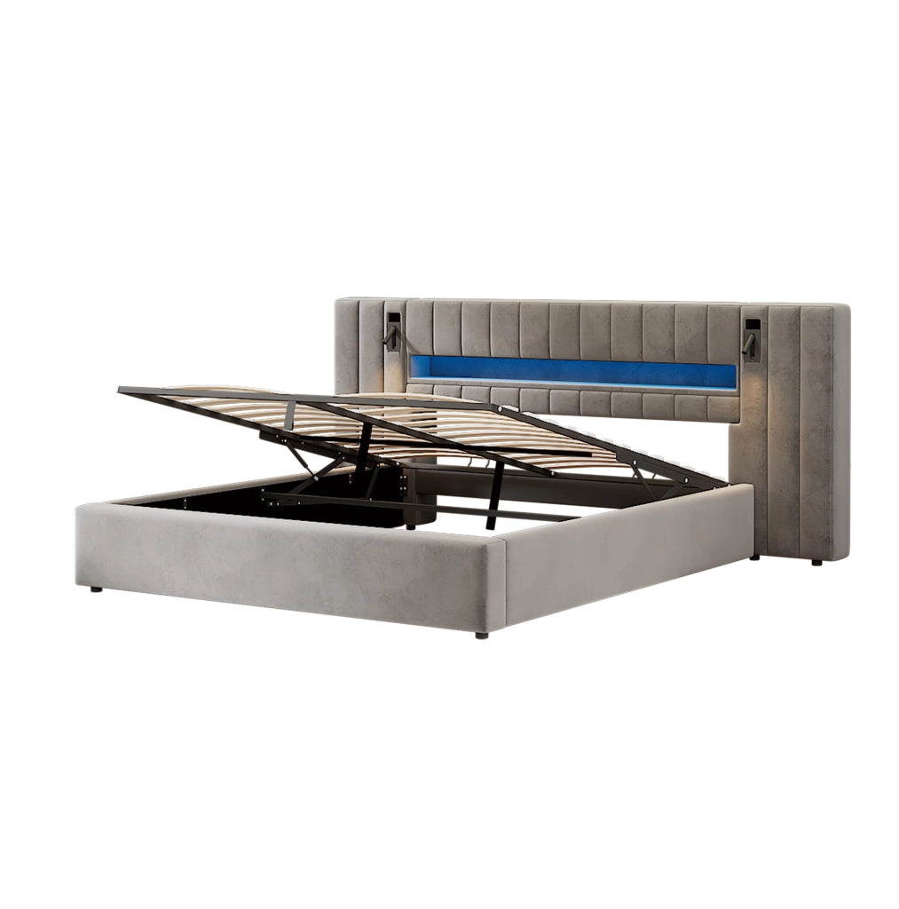 Letto matrimoniale contenitore 180x200 cm con USB; LED e lampada; velluto grigio (Senza materasso)