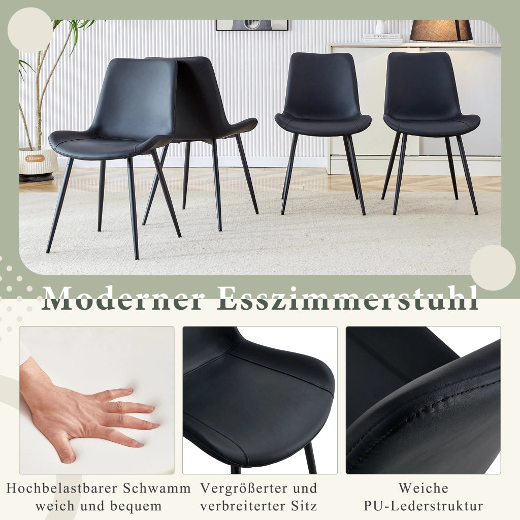 Sedia da sala da pranzo set da 4 con seduta ergonomica e gambe in metallo, in pu nero