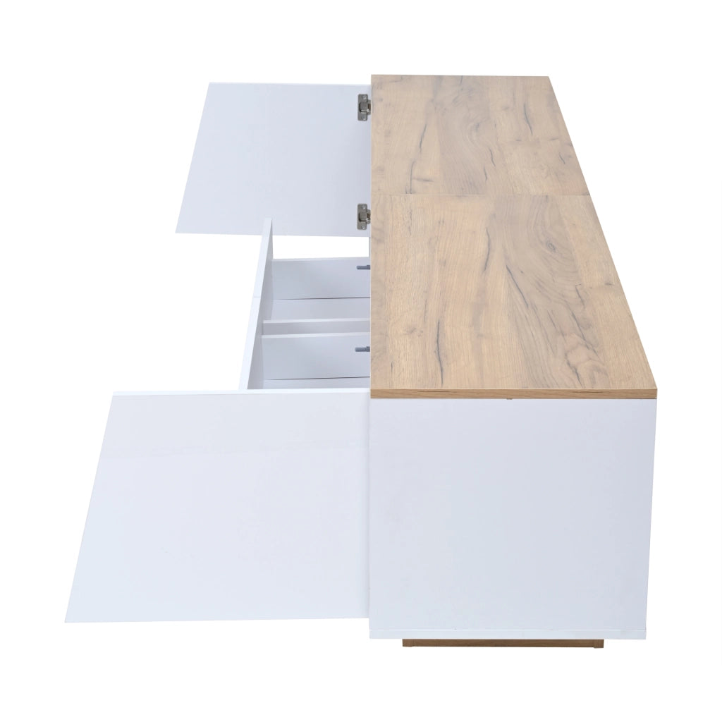Mobile porta TV con 2 cassetti 2 vani chiusi e 2 vani aperti LED frontale lucida bianco e legno 180 × 40 × 46 cm