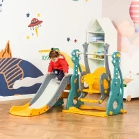 Scivolo 3 in 1 per Bambini con Altalena Regolabile, Canestro e Palle per Cameretta e Giardino, 152x149x107cm, Blu, Grigio, Giallo