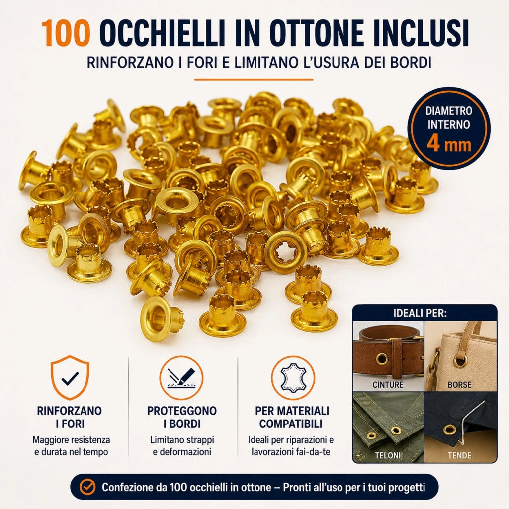 Pinza Fustellatrice Occhiellatrice 2 in 1 con 100 Occhielli in Ottone
