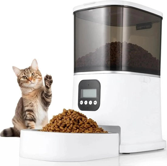 Automatico alimentatore per gatti - 4 pasti al giorno - Altoparlante integrato - Alimentatore automatico per gatti - 6L - Bianco