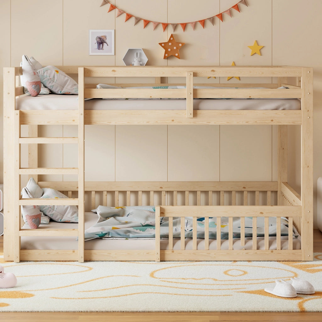 Letto a Castello 160x200 cm; Letto 2 Posti - Sponde di Sicurezza - in MDF e Legno Massiccio - Naturale