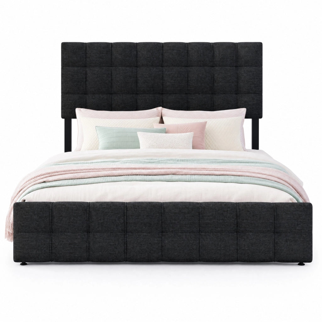 Letto imbottito matrimoniale 140x200 cm con 4 cassetti; testiera regolabile; nero
