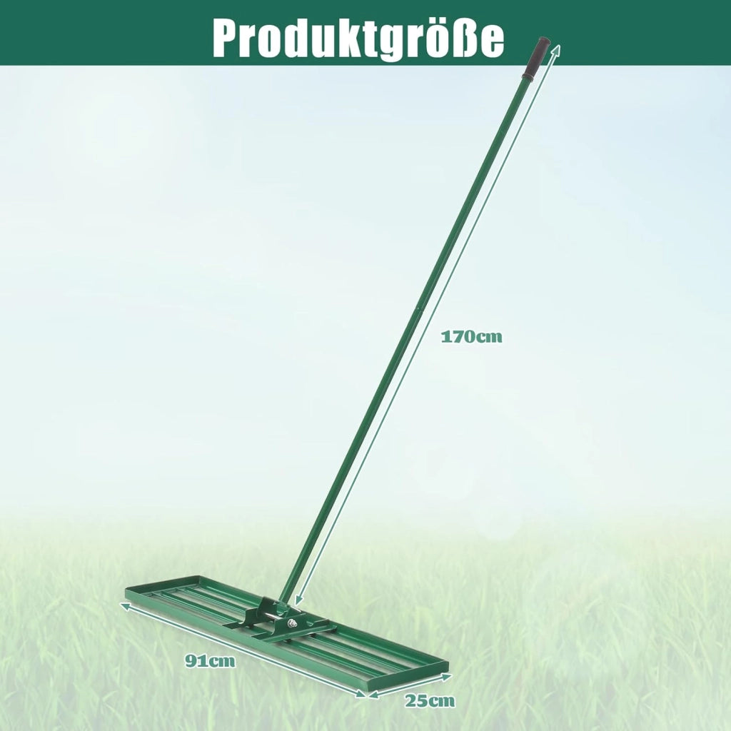 Rastrello Livellatore per Prato 170 cm, Raschietto Livellatore in Metallo Robusto con Manico Lungo e Spesso, Livellatrice per Terreno, Ghiaia, Orto ed Erbacce da Giardino (91 x 25 cm, Verde)