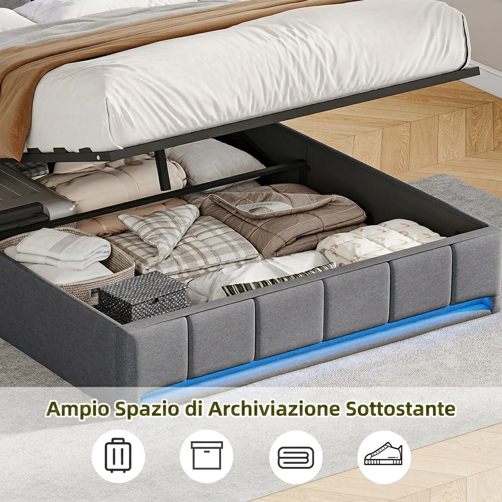 Letto una piazza e mezza 140x200 cm con contenitore LED USB testiera con mensola rete a doghe in lino - grigio