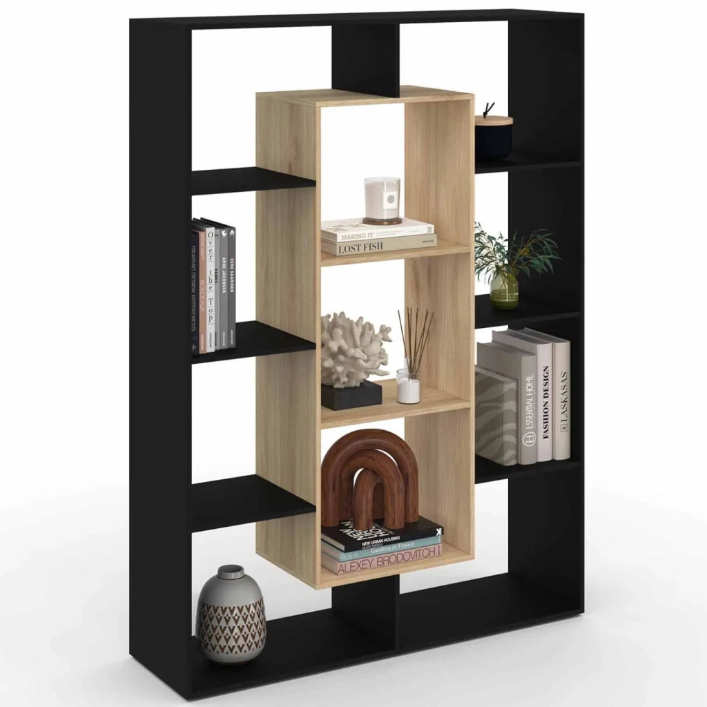 IDMarket - Libreria COLETTE con 11 scomparti neri ed effetto legno H.143 cm