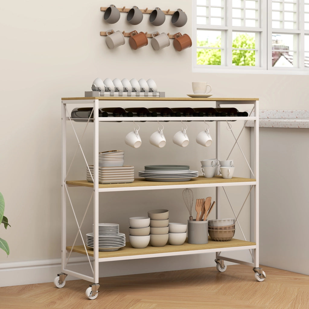 Carrello Portavivande a 4 Livelli 96,5x38x96,7 cm con Portabottiglie in Legno e Metallo Bianco