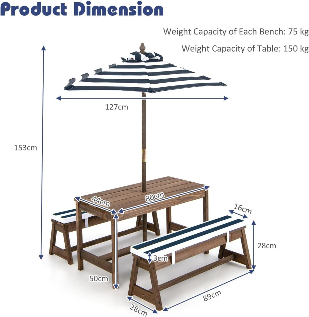 Set di mobili da giardino per bambini con 2 panche e ombrello regolabile, in legno di abete, per bambini con cuscino, set di mobili per giardino, terrazza, balcone (blu)