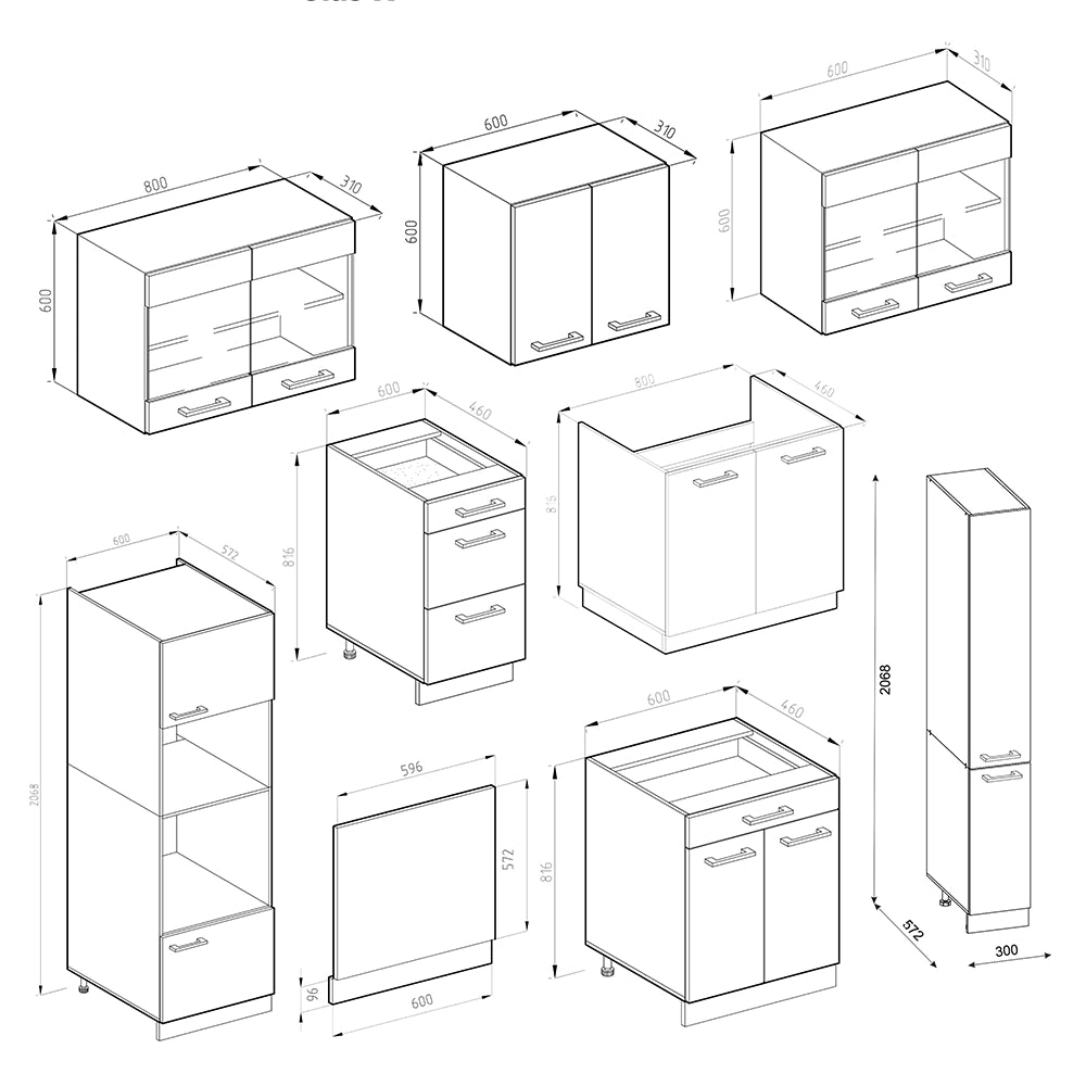 Mobile da cucina R-Line Calcestruzzo/Bianco 350 cm con armadio alto, PL Rovere Vicco