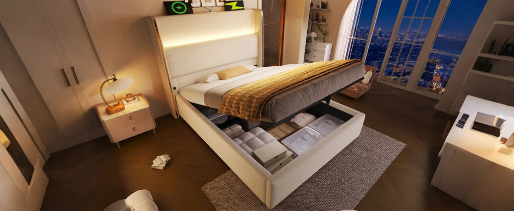 DESMIU Letto singolo 90 × 200 cm con LED, USB e Type-C, vano idraulico, senza materasso, beige