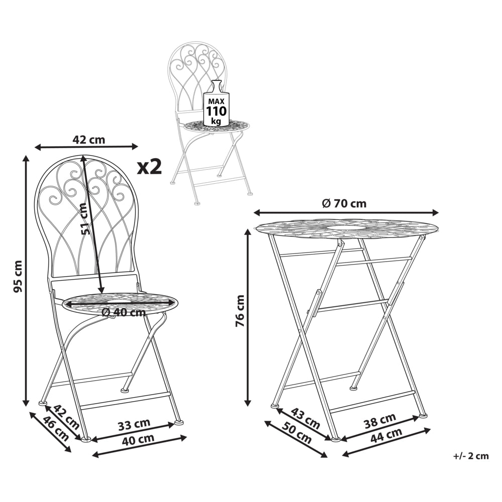 Set balcone giardino Tavolo e sedie 3 pezzi in metallo bianco con effetto invecchiato