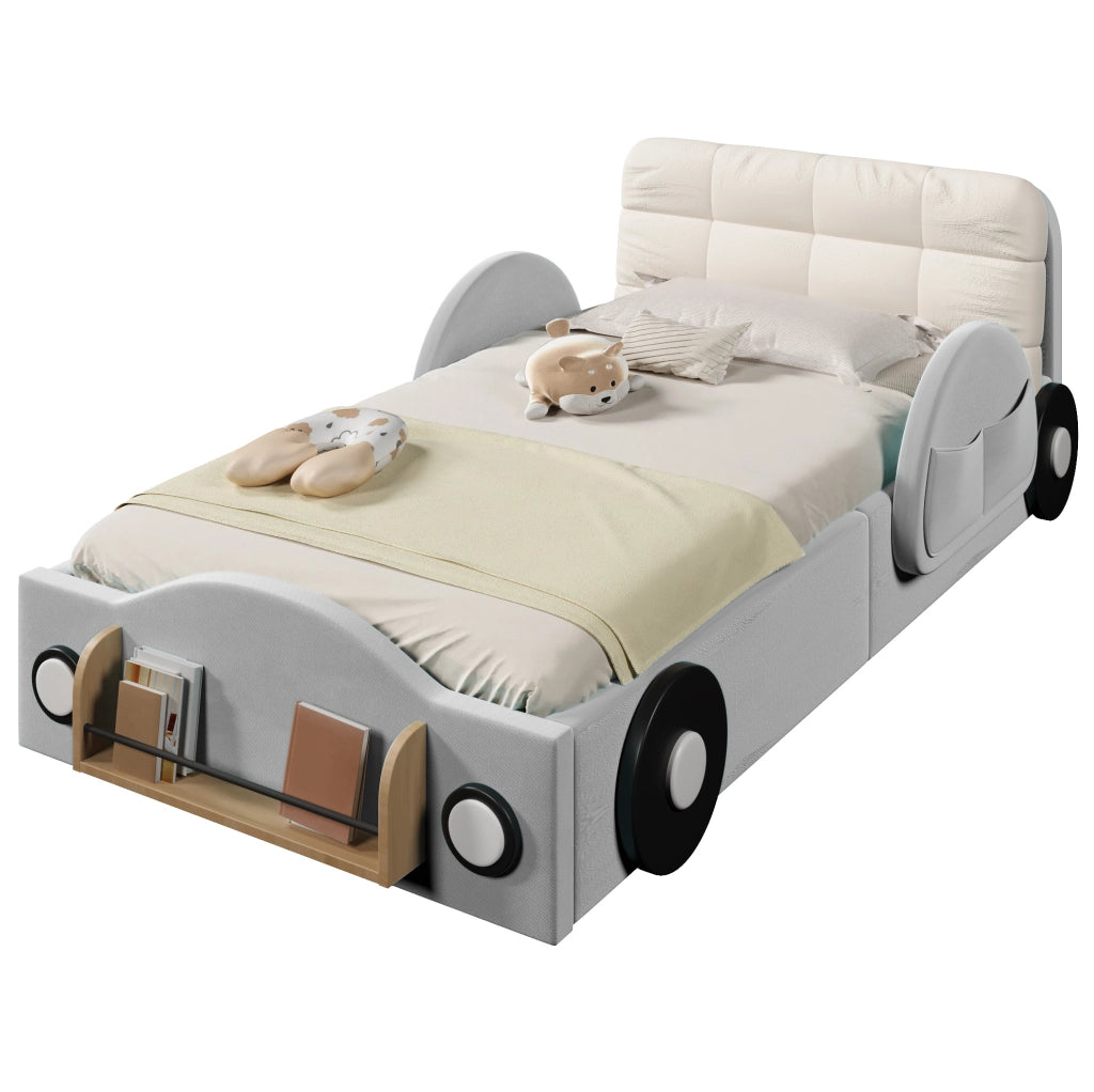 Letto imbottito 90x200 grigio con contenitore e tasche