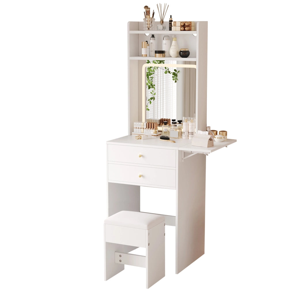 Toeletta 75x45x156 cm con piano pieghevole e LED a 3 colori in MDF bianco