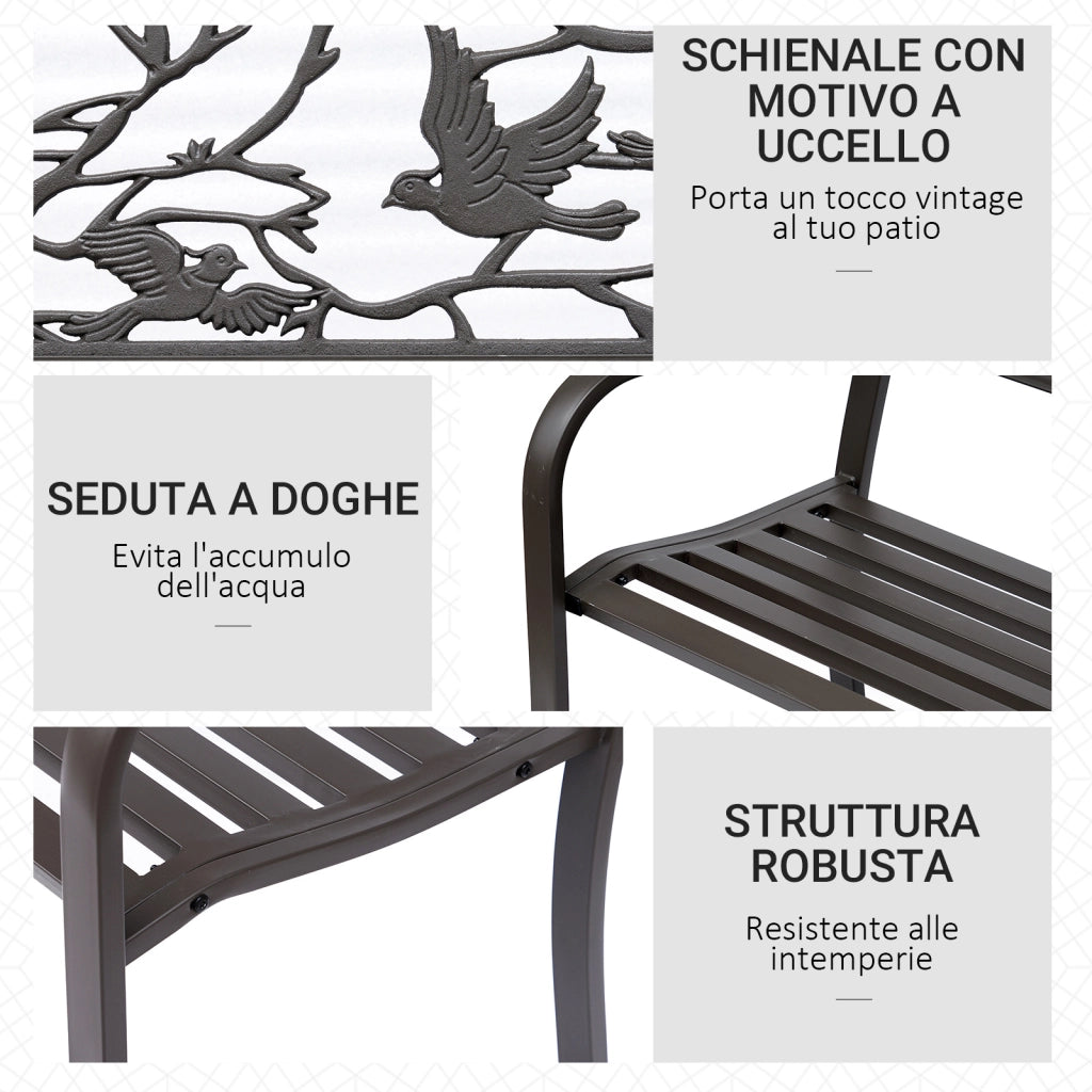 EasyComfort Panchina da giardino Impermeabile Acciaio e Ghisa per Esterni, Schienale con Decorazioni Motivo Naturale, 127x60cm, Marrone